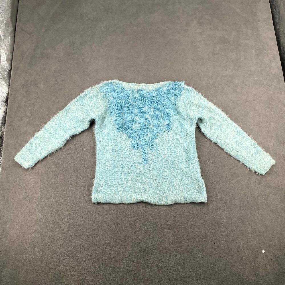 Ruby Rd Fuzzy Sweater Womens Petite Small Light Blue Floral Applique Warm Wear